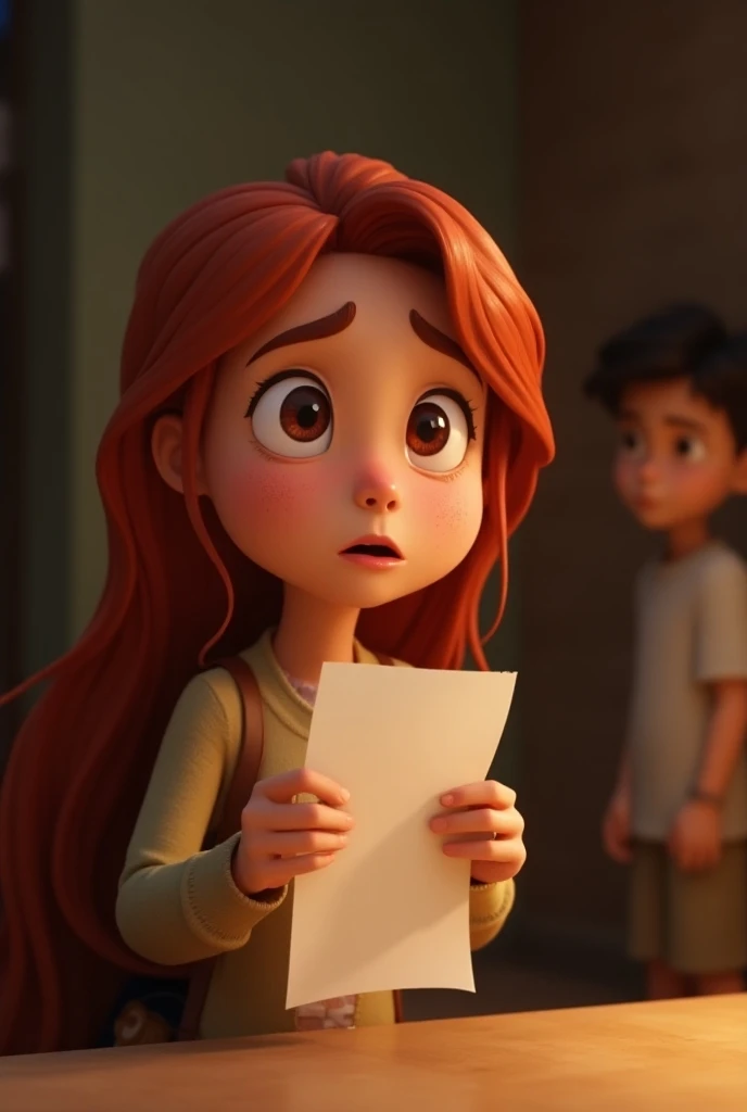 Generate an cinematic 3D cartoon style:Emotional Realization: A close-up of young red saare Nidhi in tears, holding a piece of paper revealing young Aryans financial support for her project, with Aryan standing humbly nearby.