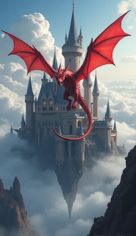  flying through a castle in the sky。
The third image is an image of a ， fantasy style dragon and the color，red



