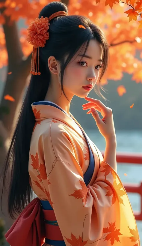 Realistic. Photorealistic. Image is vibrantly colored. photo,Highly detailed Photo quality, high quality,

A beautiful young Japanese woman with long flowing black hair tied up with orange flowers stands in front of a tree with falling autumn leaves, weari...