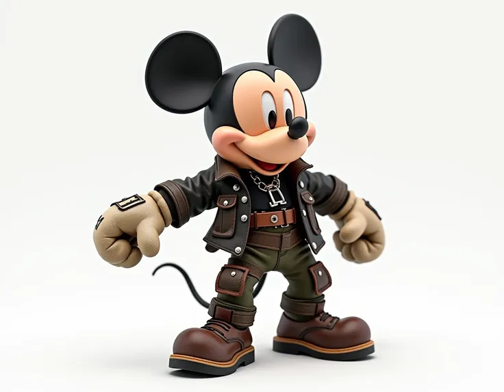 Mickey mouse in urban trapper clothes doing pose T on white background 3D art toy