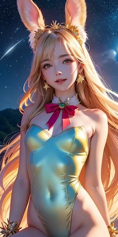 masterpiece,  best quality,  very detailed CG Unity 8K wallpaper,(( upper body)) ,(( upper body head close-up shot of a beautiful )), , Elegant long straight blonde hair, (McKenna Grace), (( flat chested,Thighs,Autoluminescent Skin)), ([Pink-Green) Golden ...