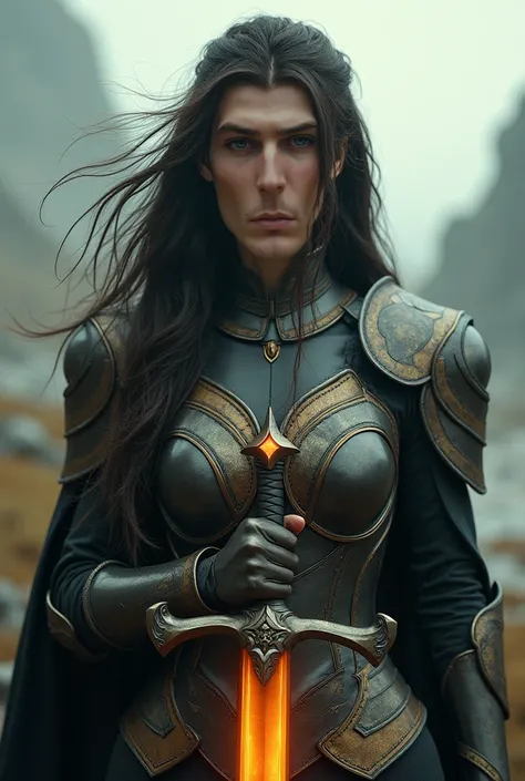 a heroic woman in a fantasy landscape, detailed face and eyes, long flowing hair, wearing a majestic fantasy armor, holding a glowing sword, dramatic lighting, epic fantasy style, muted tones, cinematic composition, highly detailed, 8k, photorealistic