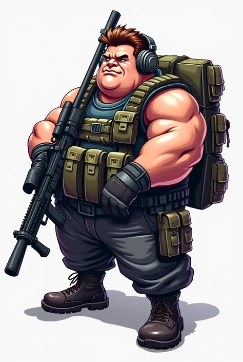 eSports logo that is chubby guy holding sniper and wearing military headphone with military backpack and military vest