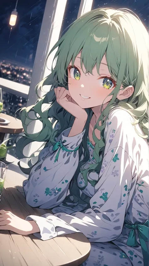 anime lady in pajama, 1girl, solo, pajama girl, looking at viewer, green long wavy hair, green eyes, Long eyelash ,smiling,calm enviourment ,rainy day city view from a high building,girl sitting near a table,calm expression,cinematic lighting , cinematic a...