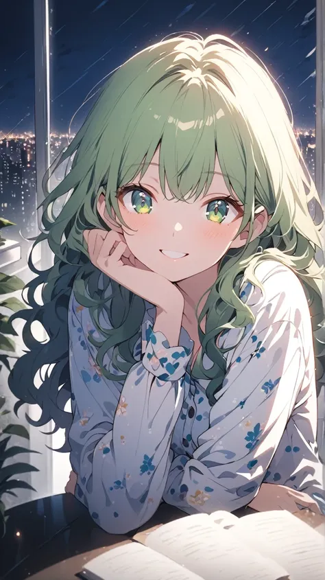 anime lady in pajama, 1girl, solo, pajama girl, looking at viewer, green long wavy hair, green eyes, Long eyelash ,smiling,calm enviourment ,rainy day city view from a high building,girl sitting near a table,calm expression,cinematic lighting , cinematic a...