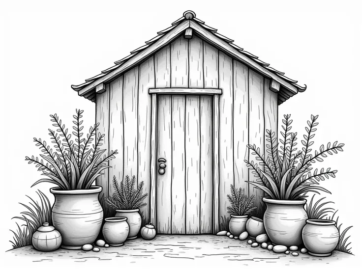 Behind the board house, there are two pots planted with beautiful plants. You can see some pottery containers that have broken near the plants. Simple to draw,more easy to draw. More easy to draw and colouring