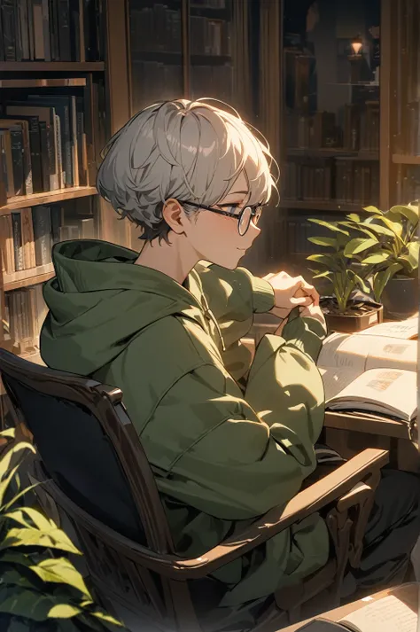        Ultra High Definition,masterpiece, Awards, best quality ,1 person, handsome boy,    is looking over here,  review,23 years old,Glasses,Introvert, moonlight,   is sitting in a chair and reading a book,  Green Hoodie ,  shorthair ,  short perm,Housepl...