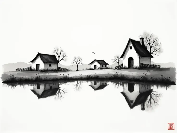 
Ink painting, reflection of a few small cottages in the countryside, exquisite black and white vistas remove background