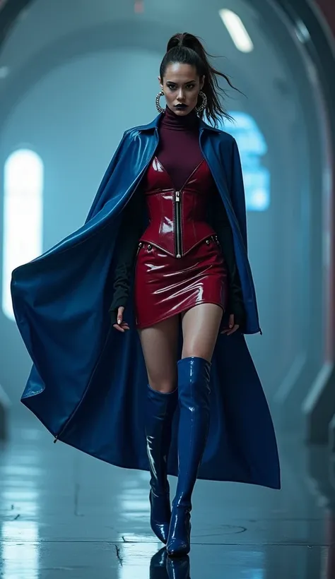 angelina jolie, en action de danser, latex, brillant, futuriste, chemise t-shirt latex marron rouge foncé, col roulé latex marron rouge foncé, t-shirt zippé latex marron rouge foncé, cape latex bleu marine, anneaux métaliques coup, corset latex bleu marine...