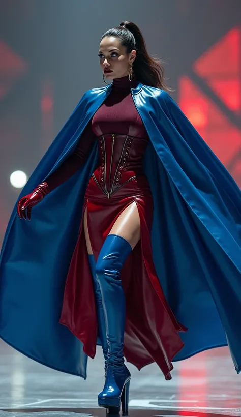 angelina jolie, en action de danser, latex, brillant, futuriste, chemise t-shirt latex marron rouge foncé, col roulé latex marron rouge foncé, t-shirt zippé latex marron rouge foncé, cape latex bleu marine, anneaux métaliques coup, corset latex bleu marine...