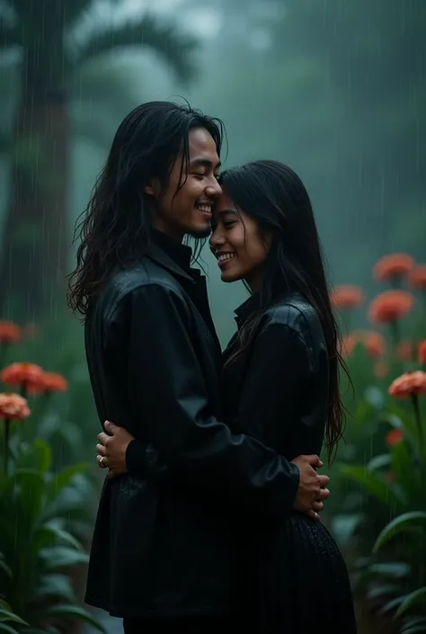 a photo of an Indonesian couple. hugging on a heavy rainy night.  The girl rested her head on the boys chest. they wore all black clothes. their faces look at the camera. their bodies were soaking wet.  they smiled happily, the man had long curly hair. in ...