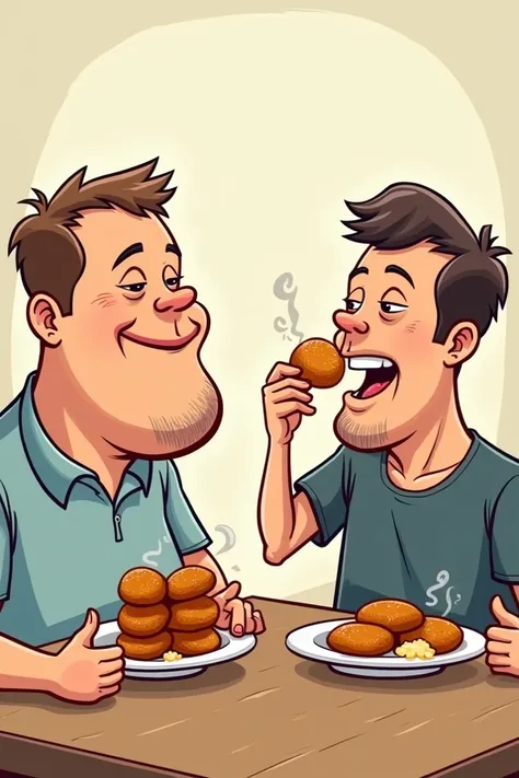 Cartoon two men one is fat men and second one is thin eating rissole first fat men eating fast and second thin men eating slow 