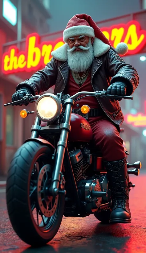 Santa Claus biker in the background the phrase The Brothers written visibly in the color orange