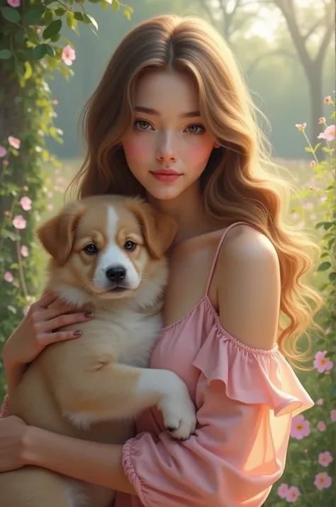  beautiful girl,   with long hair , in a pink dress and with a dog in her arms 