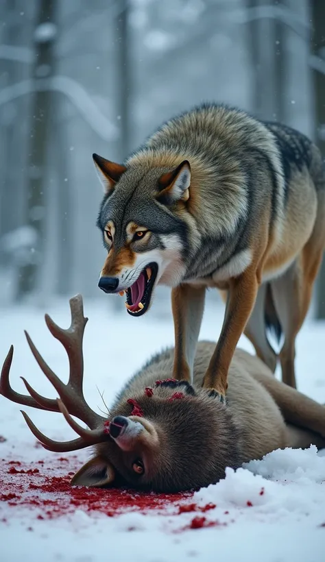 A ferocious wolf towers over the fallen body of an elk, its jaws wide open in an aggressive snarl, revealing blood-stained teeth. The wolf’s fur bristles with dominance as its piercing eyes glint in the cold air. The elk lies lifeless in the snow, with its...