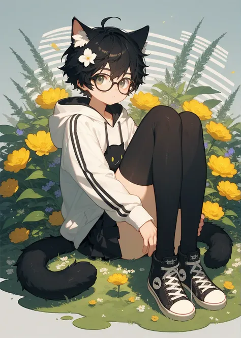  Young boy, feet focus,feet, black thigh highs, thigh highs with 2 white stripes, solo,cat ears,sitting, black hair, animal ear fluff, fluffy hair,cat boy, grassland background, converse shoes, really short skirt, glasses, big hoodie, one flower in hair