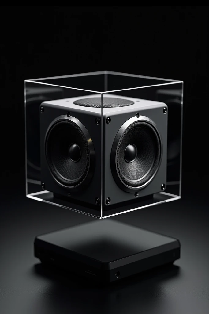 Hyper-realistic product photography of a Rubiks cube-sized speaker system, floating on black background, studio lighting. Each 9 faces of each 6 faces of the cube have on them mini speakers. Tempered glass overlay floating 2mm above each face. Premium alum...