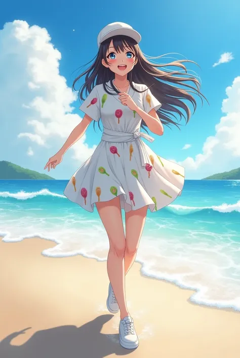 Embos text "Widya" showing a beautiful Japanese woman, long hair with neat bangs, wearing a kaptan dress, white, lollipop pattern, white sneakers, casual hat, standing and running on a sandy beach, a few waves washing over her, while laughing, the view of ...