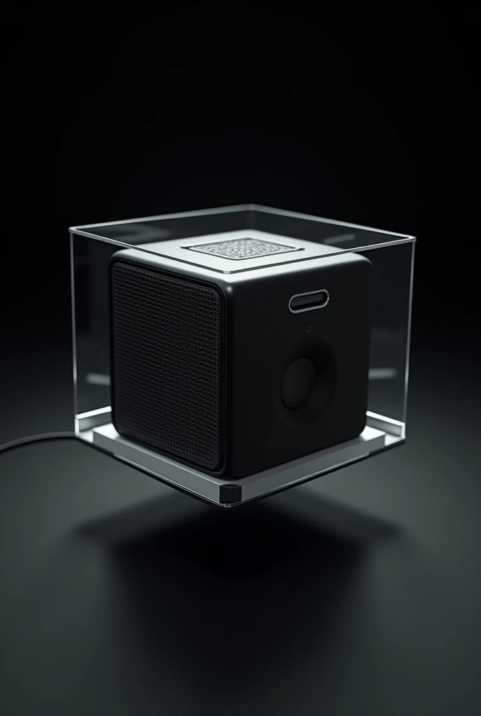 Hyper-realistic product photography of a Rubiks cube-sized speaker system, floating on black background, studio lighting. Each 9 faces of each 6 faces of the cube have on them mini speakers. Tempered glass overlay floating 2mm above each face. Premium alum...