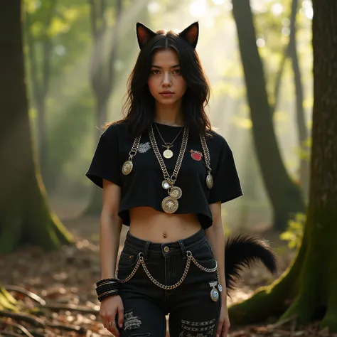 forest, catgirl, fluffy black tail, black cat ears, black cropped t-shirt adorned with medals and chains, black jeans adorned with chains and patches, beams of sunlight shining through the canopy, yellow eyes, calico fur, beautifully lit, insanely detailed...