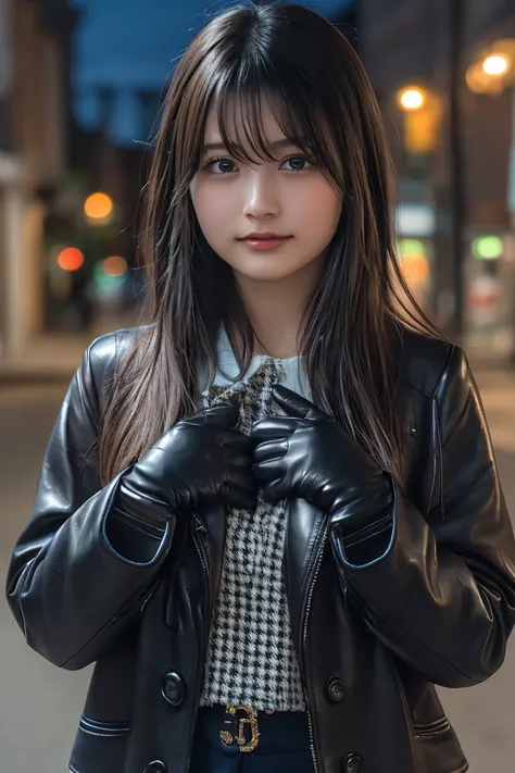 (8k, RAW Photo, Highest Quality, High Resolution:1.1), (ultra-realistic:1.4),(Realistic, Realistic:1.3),Japanese Beauty, Outdoors, A girl wearing an elegant dark violet long coat, a knit top and a houndstooth mini skirt, pumps,((Upper Body Position Street ...