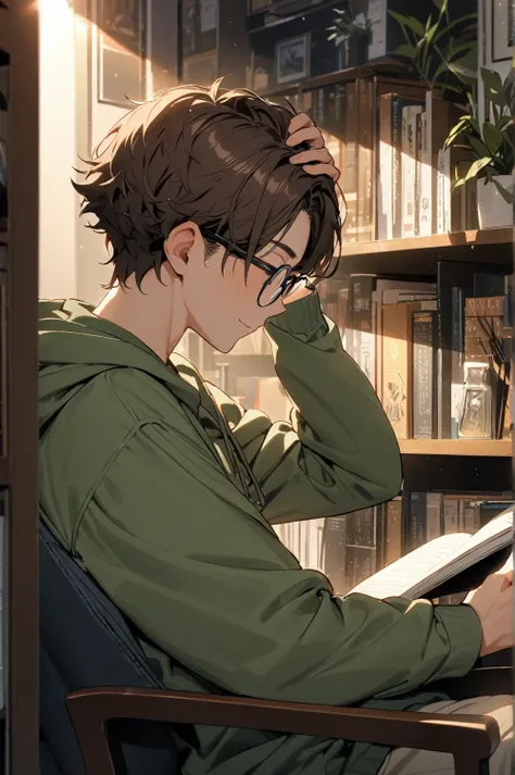         Ultra High Definition,masterpiece, Awards,  best quality ,1 person, Handsome Boy,     is looking over here, Brown Hair,23 years old,Glasses,Introvert, moonlight,  is sitting in a chair and reading a book,   Green Hoodie  ,   short hair ,  short per...