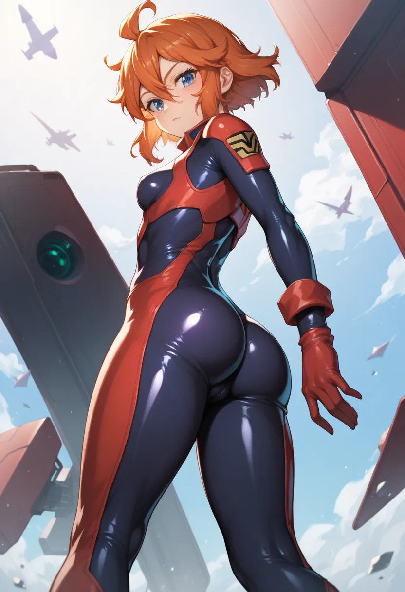 puru two (gundam zz),short hair,orange hair,sidelocks,hair between eyes,purple eyes,small breasts,bodysuit,pilot suit,normal sui...