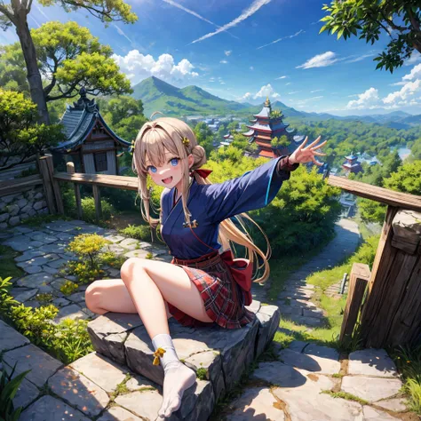 Chestnut Hair、 blue eyes、 with hair tied 、Two cute、 plaid mini skirt、 BLACK T-SHIRT、 Long Sleeve 、kimono、striped high socks、Teeth are visible、lawn、The stone is cracked、Uneven ground、The road is curved、View from above、Large autumn tree、Mountain々、 fence、isol...