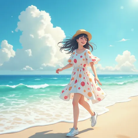 showing a beautiful Japanese woman, long hair with neat bangs, wearing a kaptan dress, white, lollipop pattern, white sneakers, casual hat, standing and running on a sandy beach, a few waves washing over her, while laughing, the view of bright clouds, ultr...