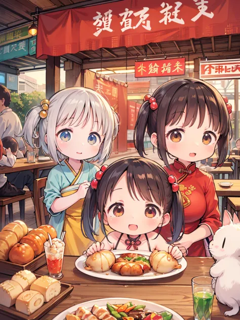 (masterpiece, ultra-detailed, best quality, clear focus, dramatic scene, cinematic), shadow, (ultra-high resolution, 8k), perfect anatomy, perfect face, (detailed face, detailed eye, chibi), cute Japanese chibi girl, famous Japanese chibi idol, very beautiful and cute and cool face, dynamic pose, dynamic angle, (wearing a pastel colored chinese dress:1.3), double bun hair, (very large breasts), (she is enjoying a lunch at the stylish hawker center in Singapore:1.3), gorgeous lunch of the Singapore chicken rice with juice, (giant water monitors, chickens and chicks, giant fat cats, detailed cat), she looks so fun, happy smile