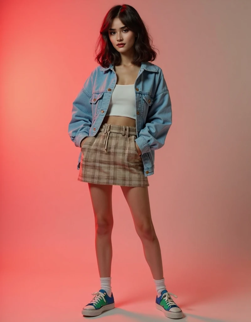 a 24 years old young woman standing against a plain, neutral background, theres a fill in continues light with a red color from left . They are wearing a light blue denim jacket over a white crop top. The outfit includes abeige plaid mini skirt. On their f...