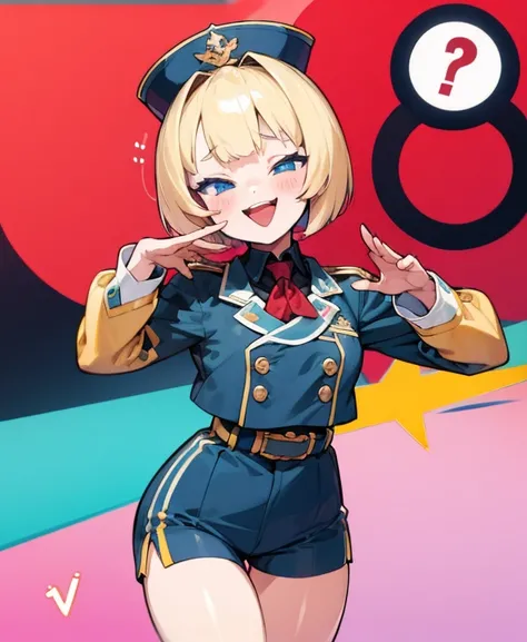  1 girl,  shortcut , Blonde,  blue eyes, Bob Hair,  blushes,  frowns, uniform, shorts , Very Small Breasts , show your teeth and smile , open your mouth , Spread your big legs, Im running , saluting ,Do you have 5 fingers