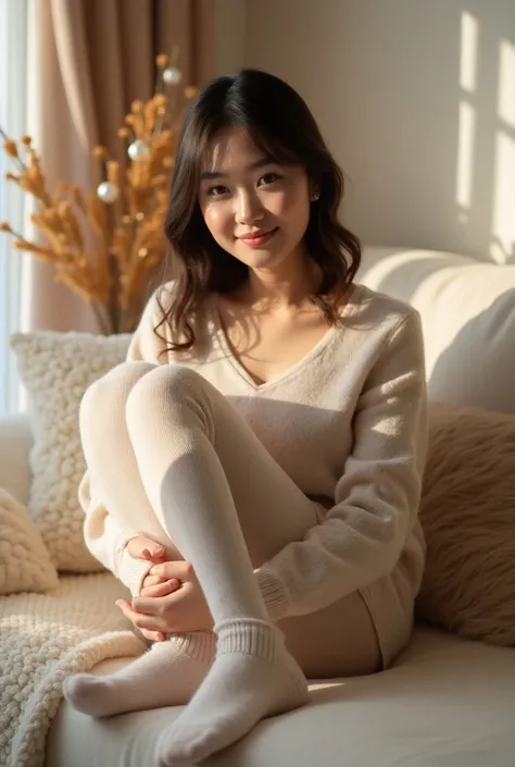 Photorealistic portrait, a stylish Japanese woman, 22 years old, wearing a snug, V-neck thermal undershirt in a soft neutral tone paired with matching leggings, cozy fluffy socks in a warm pastel color, sitting comfortably on a plush sofa with her knees hu...