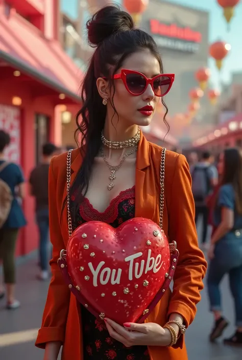  Im sitting a woman with exquisite taste ,  in my hands a heart-shaped handbag ,  YouTube logo printed on a purse. Stylish crazy clothes .  Against the background of a YouTube-style photo zone 