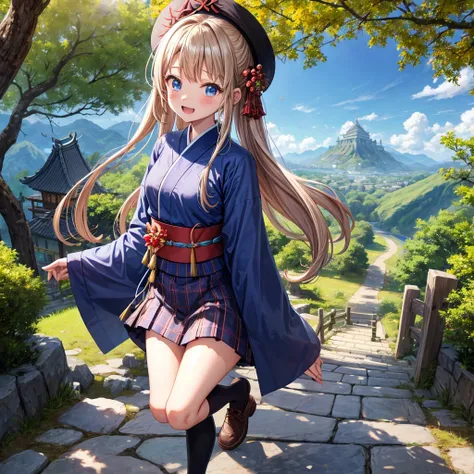 Chestnut Hair、 blue eyes、 with hair tied 、Two cute、 plaid mini skirt、 BLACK T-SHIRT、 Long Sleeve 、kimono、striped high socks、Teeth are visible、lawn、The stone is cracked、Uneven ground、The road is curved、View from above、Large autumn tree、Mountain々、 fence、isol...