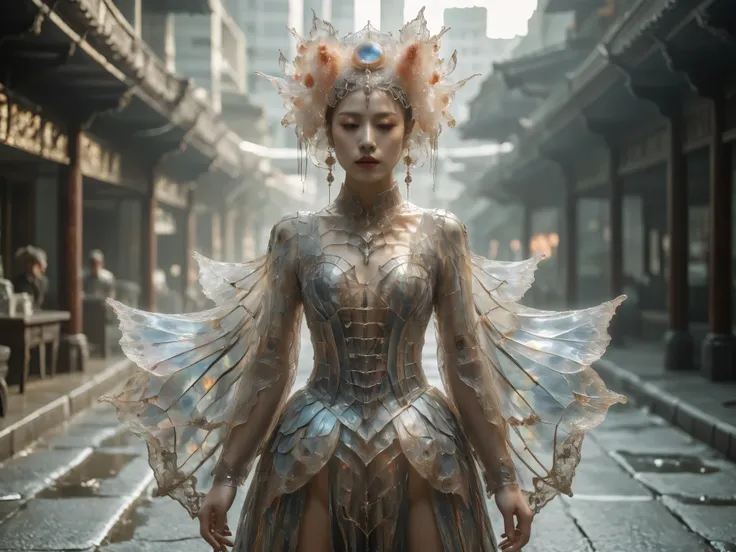 girl in lace dress, gigantic cleavage breasts:1.5, full body post, A beautiful young woman like Pan Jinlian, wear shorts and a hat walk street, the Japanese goddess of war, sexy body, sensuality, Artistic details, Chinese mythology, Epic science fiction fa...