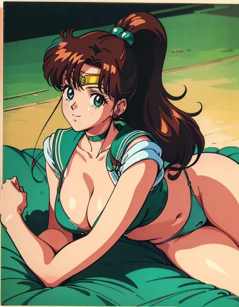  ( best quality, 4K, 8k,  high definition , masterpiece:1.2), Super detailed, (Realistic, photoRealistic, photo-Realistic:1.37) , 1990s ( style ), retro art style , 1990s anime cels  style ,  Sailor Jupiter,  medium breasts,( lingerie), ponytail,  jewelry,...