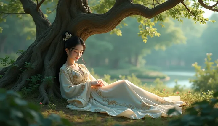 A beautiful girl wearing a dynastic chinese dress, sleeping next the old tree
(Photorealism:1.5)