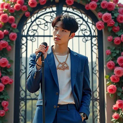 Background: Gate of roses
Young korean man holding a mic in blue casual suits with necklace big name  "MrQueen", Realistic 