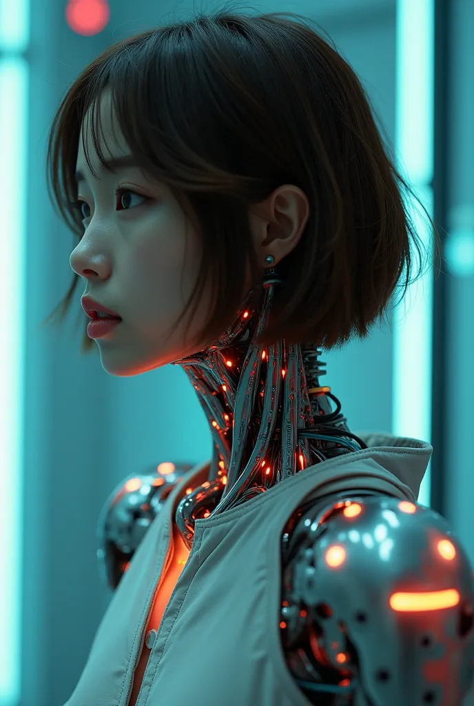 Perfect composition, Proper placement, Above the knee shot, (1.Mechanical Woman), Very beautiful Japanese women, Best Quality, masterpiece, Ultra-high resolution, (Realistic:1.4), Original photo, 1 Japanese woman, Brown Hair, Bobcut, Glowing Skin, glowing ...