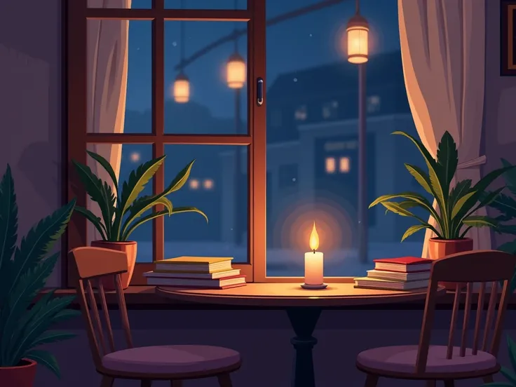 Semi-realistic style, illustrated. Quiet night scene in a cozy café. Dimmed warm lights reflect off dark wooden furniture. Soft, pastel plants by the window with light fog outside. Muted browns, purples, and beige tones. Soft candlelight glow illuminating ...