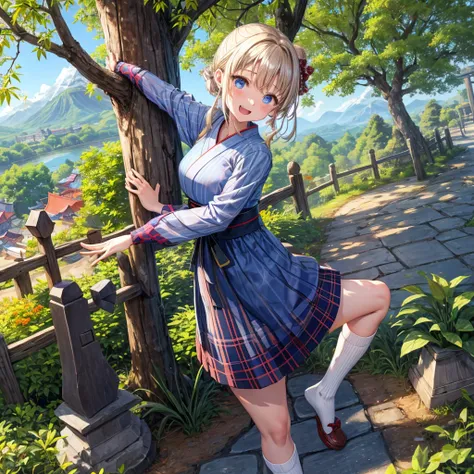 Chestnut Hair、 blue eyes、 with hair tied 、Two cute、 plaid mini skirt、 BLACK T-SHIRT、 Long Sleeve 、kimono、striped high socks、Teeth are visible、lawn、The stone is cracked、Uneven ground、The road is curved、View from above、Large autumn tree、Mountain々、 fence、isol...