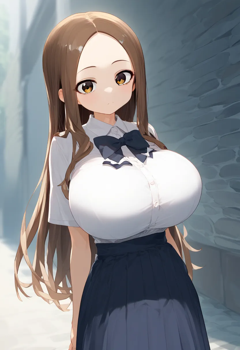 、takagi-san、score_9, score_8_up, score_7_up, 1girl, alone, takagi, brown hair, brown eyes, long hair,  白いワイシャツ、紺のロングプリーツスカート、(hu...