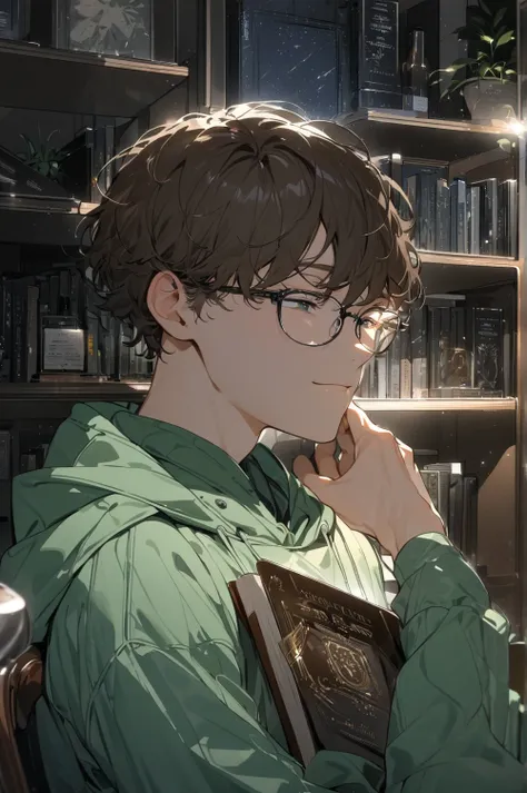          Ultra High Definition,masterpiece, Awards,   best quality ,1 person,  handsome boy, is looking over here,Brown Hair,23 years old,Glasses,Introvert, moonlight, is sitting in a chair and reading a book, Green Hoodie   , shorthair  , short perm,House...