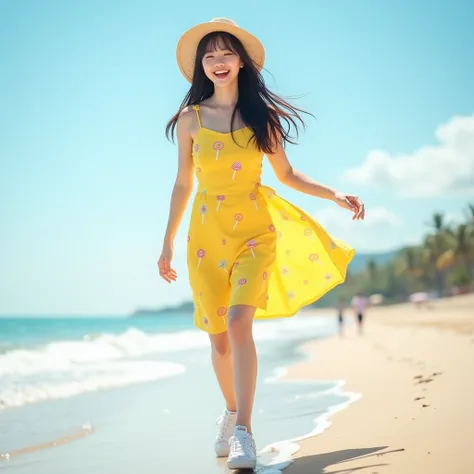 showing a beautiful korean woman, long hair with neat bangs, wearing a kaptan dress, yellow, lollipop pattern, white sneakers, casual hat, standing and running on a sandy beach, a few waves washing over her, while laughing, the view of bright clouds, ultra...