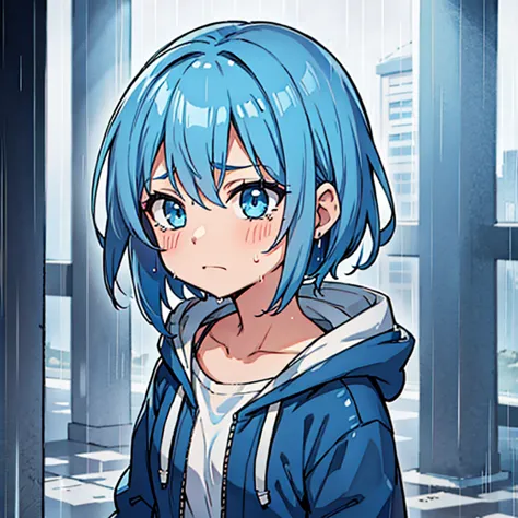 1girl blue hair short hair blue eyes hood rain crying