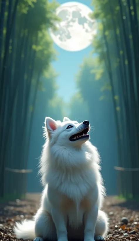 Best Quality, High Quality, reality, About the dog An adult Japanese Spitz dog , The corners of the mouth are raised and they look smiling ,Pure white coat color , Fluffy and soft coat , on the left and right sides of the screen,Im looking up at the beauti...