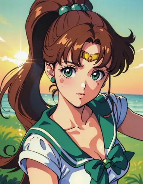  ( best quality, 4K, 8k,  high definition , masterpiece:1.2), Super detailed, (Realistic, photoRealistic, photo-Realistic:1.37) , 1990s ( style ), retro art style , 1990s anime cels  style ,  Sailor Jupiter,  medium breasts, Sailor Jupiterの服, ponytail,  je...