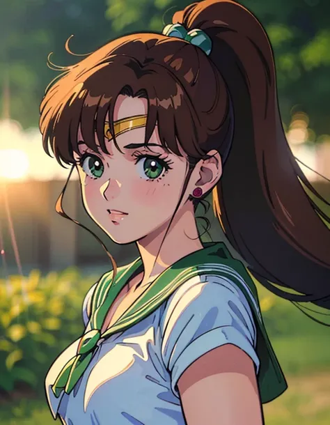  ( best quality, 4K, 8k,  high definition , masterpiece:1.2), Super detailed, (Realistic, photoRealistic, photo-Realistic:1.37) , 1990s ( style ), retro art style , 1990s anime cels  style ,  Sailor Jupiter,  medium breasts, Sailor Jupiterの服, ponytail,  je...