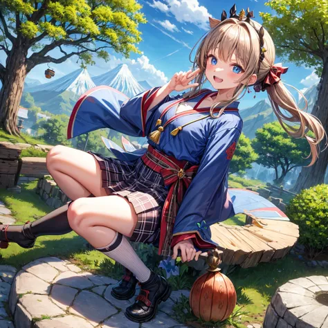 Chestnut Hair、 blue eyes、 with hair tied 、Two cute、 plaid mini skirt、 BLACK T-SHIRT、 Long Sleeve 、kimono、striped high socks、Teeth are visible、lawn、The stone is cracked、Uneven ground、The road is curved、View from above、Large autumn tree、Mountain々、 fence、isol...